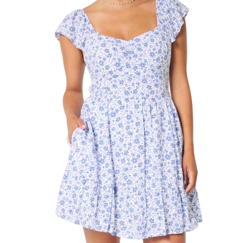 Hollister Smocked Milkmaid Babydoll Mini Dress Blue Microfloral Cottagecore M